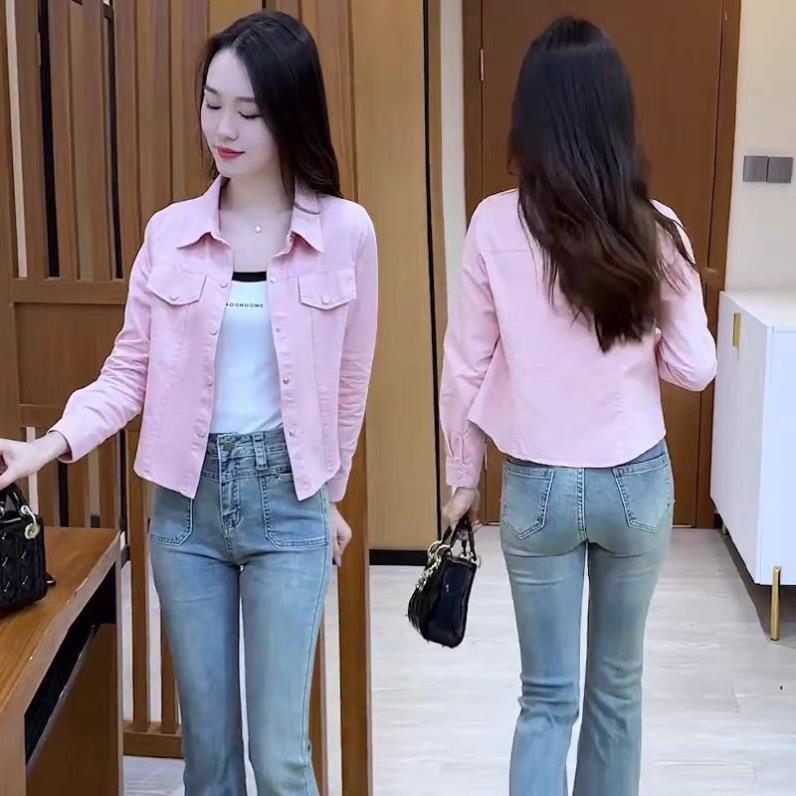 时尚休闲衬衫外套女短款春秋新款小个子韩版百搭修身显瘦纯色上衣
