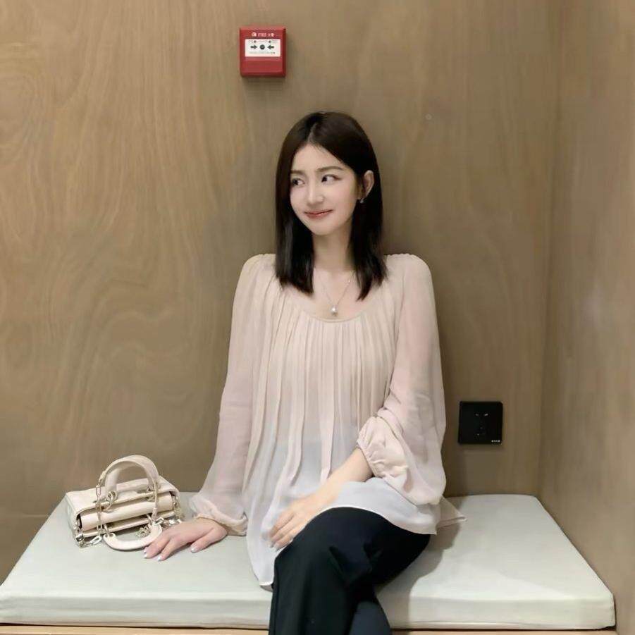 法式温柔风褶皱雪纺衫 女夏季宽松显瘦百搭上衣