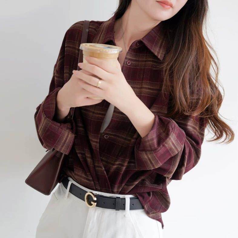 文艺休闲英伦范格子衬衫女 复古红色磨毛衬衣 春秋