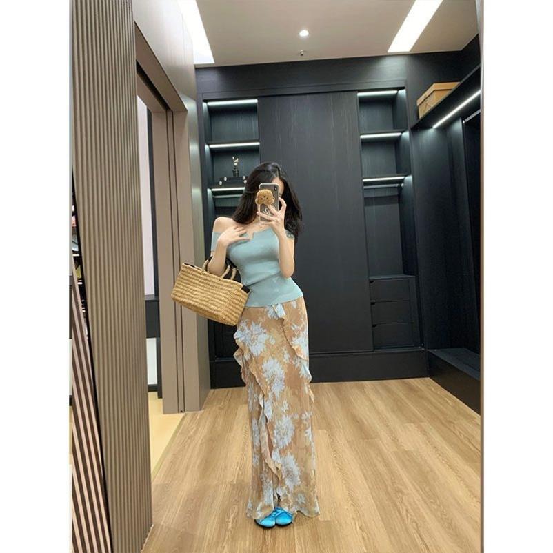 淑女气质一字肩针织衫上衣复古印花不规则显瘦中长半身裙两件套装