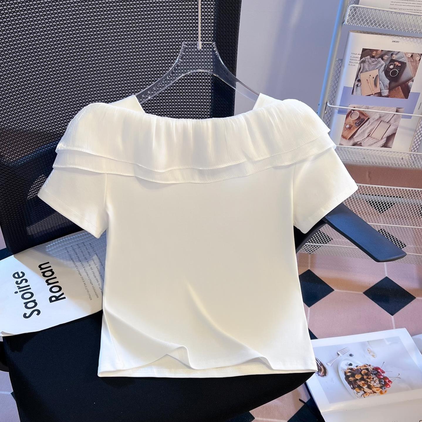 女装夏装2026新款小个子气质显瘦短袖T恤法式方领荷叶边网纱上衣