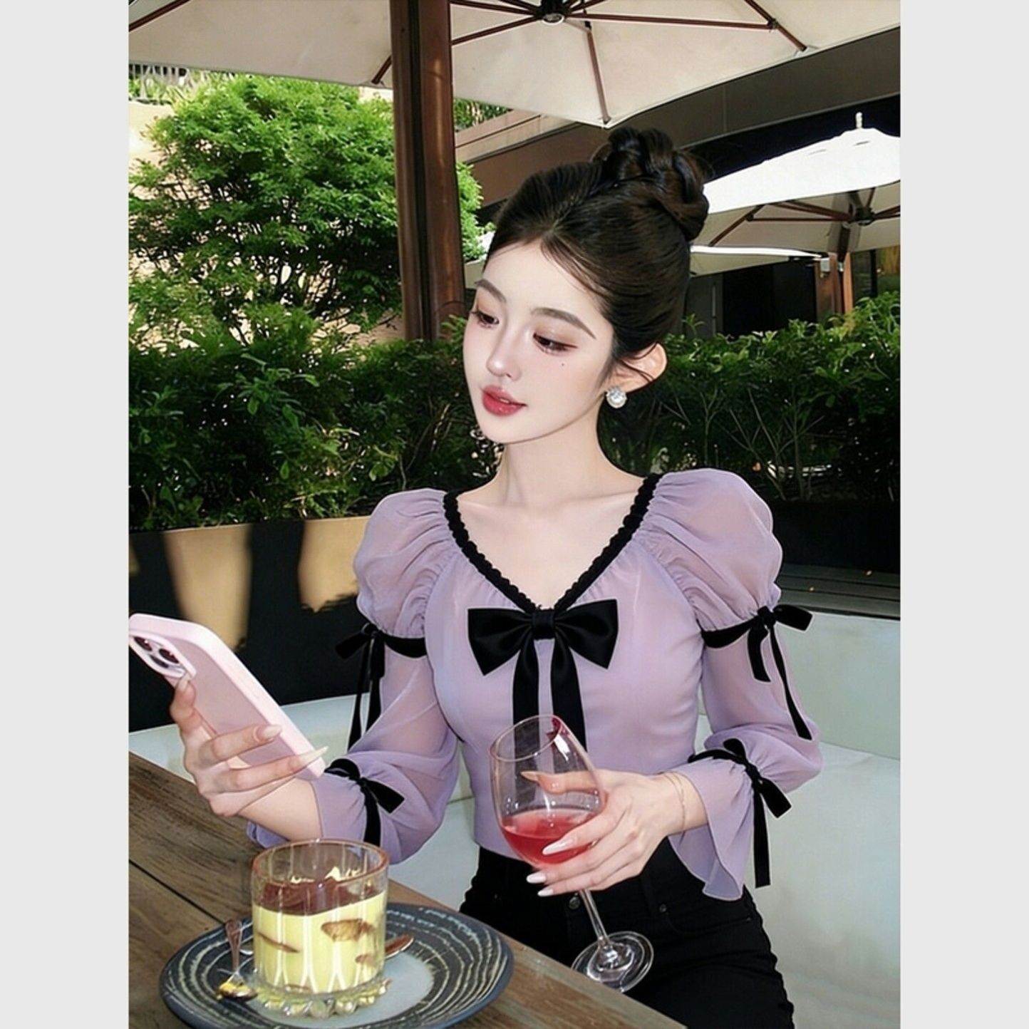 设计感紫色蝴蝶结衬衫2026春季高级感轻奢独特漂亮法式收腰上衣女
