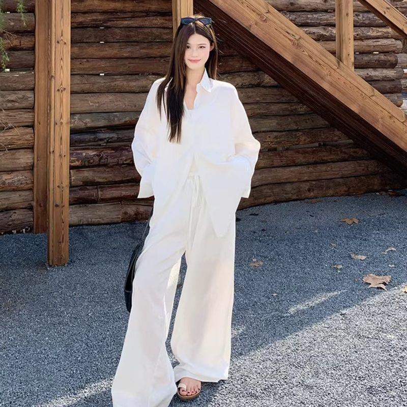 高级感白色棉麻衬衫套装女夏季休闲简约亚麻衬衣老钱风穿搭一整套