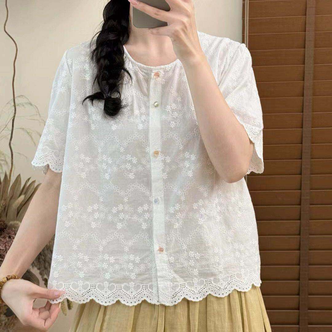 2026年夏装新款女装甜美小清新圆领重工刺绣衬衫短袖棉质宽松上衣
