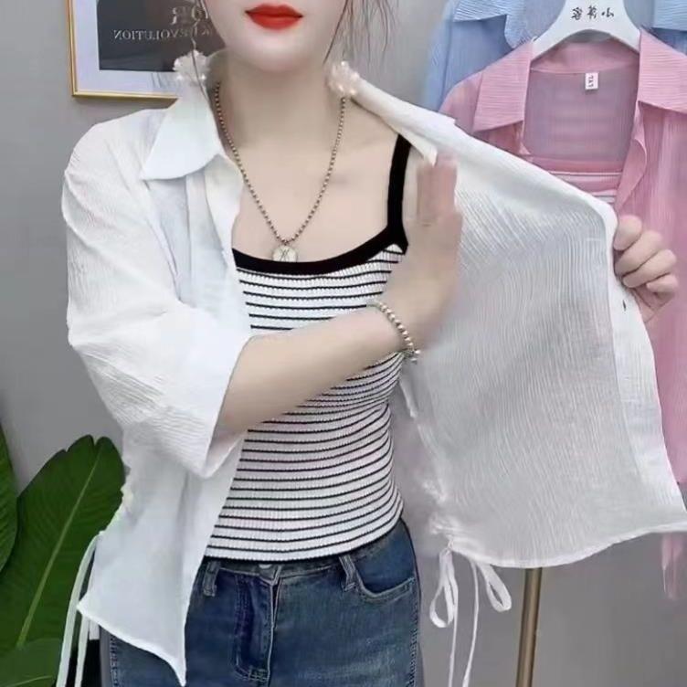 雪纺防晒衬衫套装女2026夏季新款轻薄透气衬衣搭配条纹吊带两件套