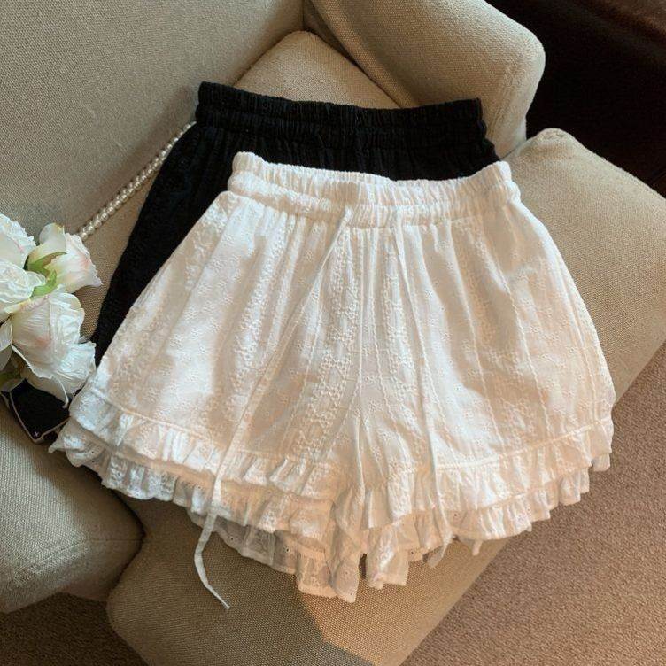 法式蕾丝花边阔腿裤女春夏季宽松休闲洋气百搭打底a字短裤热裤子