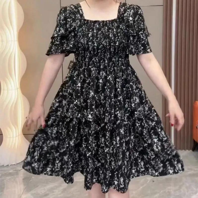 连衣裙大码女装夏季新款方领收腰显瘦气质碎花法式蛋糕裙子女ins