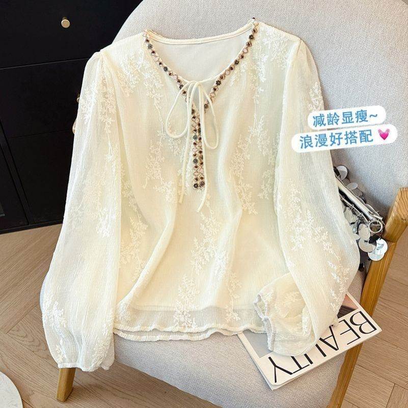 春季新款V领重工刺绣钉珠系带高级感雪纺小衫女