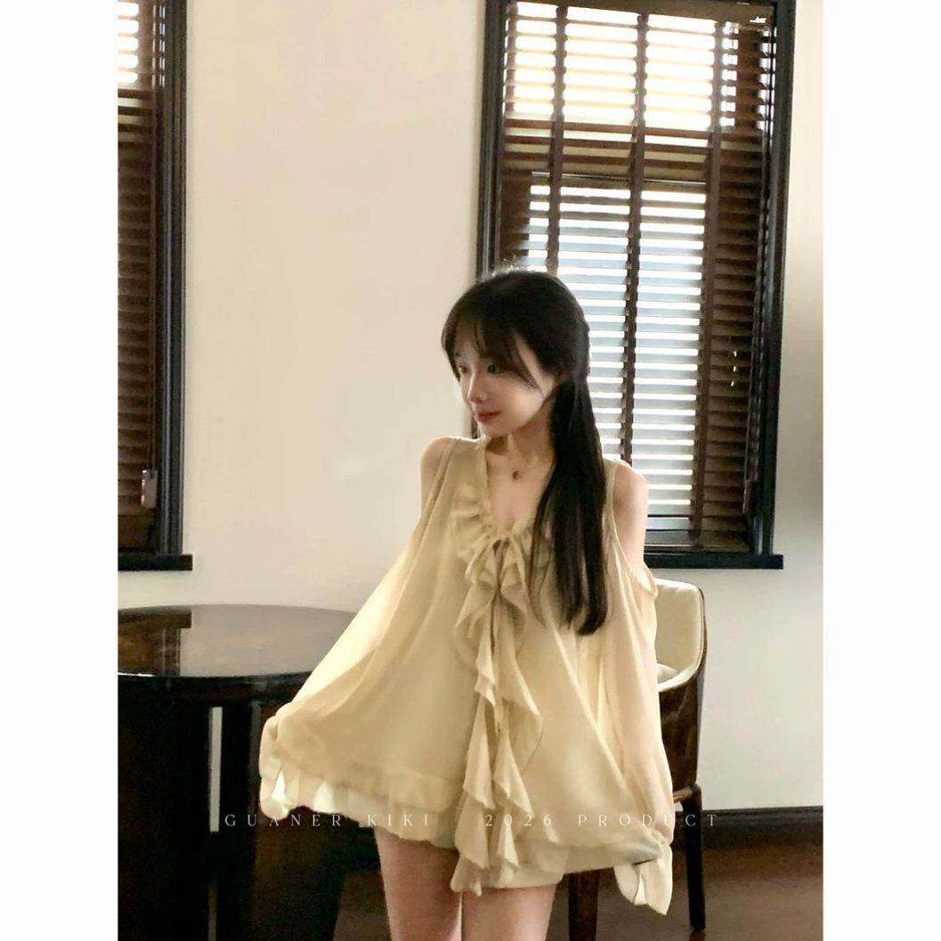 优雅如玉 雪纺荷叶边v领露肩长袖雪纺衫上衣女套头遮肚子清新