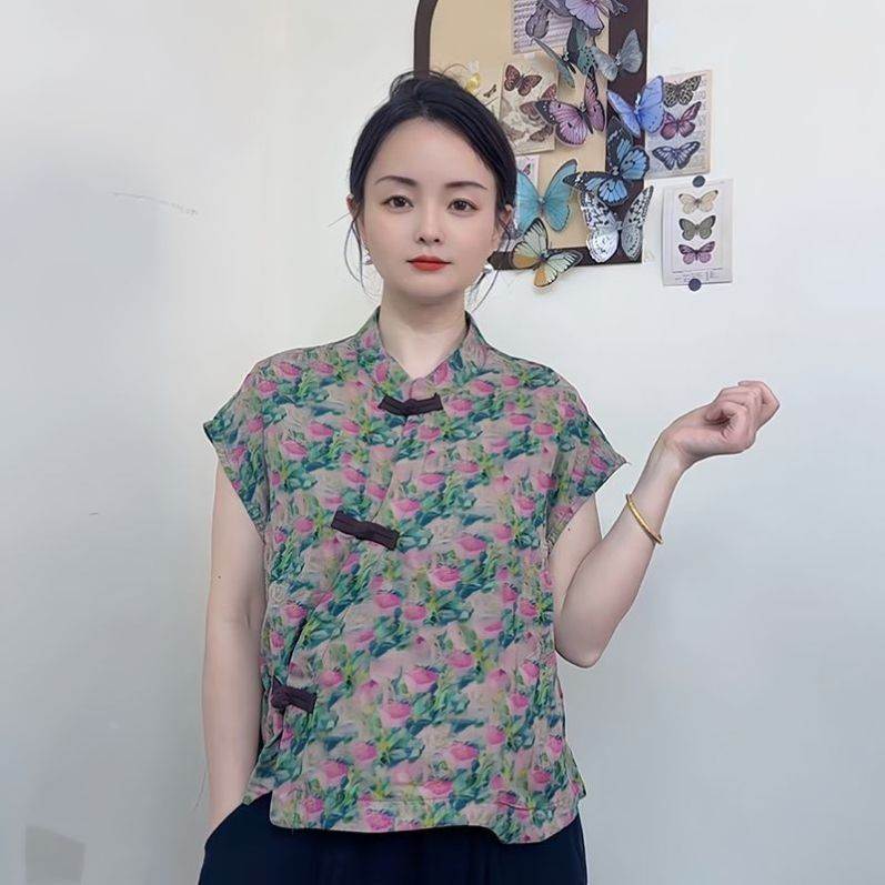 民族风时尚宽松飞飞袖夏季棉印花衬衫女士抖音上衣马甲气质洋气