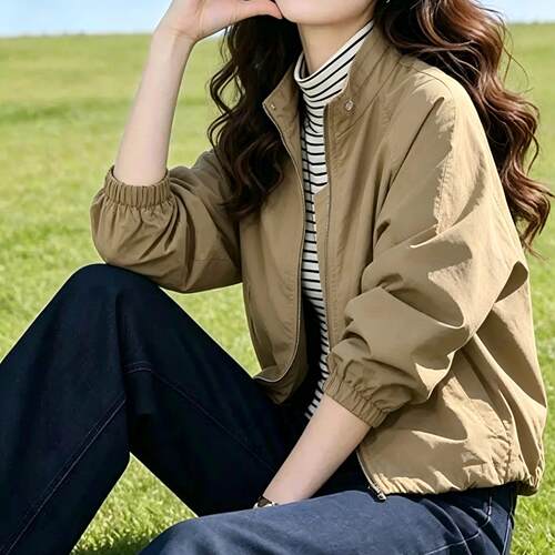 高级感网红时髦立领短款夹克上衣长袖女春秋韩系休闲爆款双层外套
