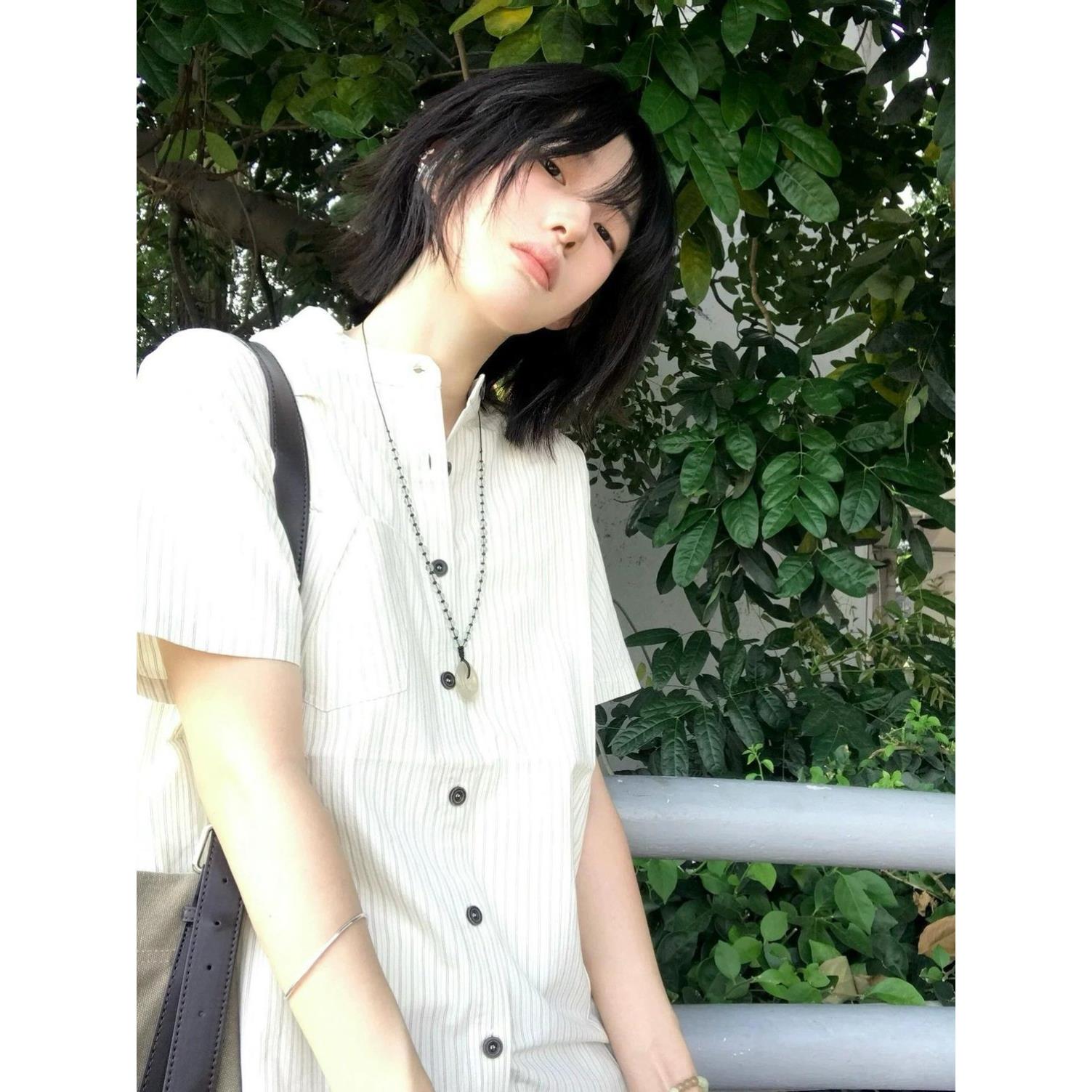 日系条纹复古短袖衬衫男女2026夏季宽松立领休闲透气薄款衬衣上衣