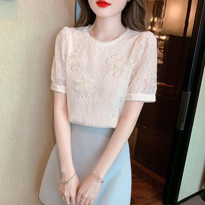 正肩时尚圆领蕾丝短袖t恤女2026年夏季新款显瘦体恤小衫雪纺上衣