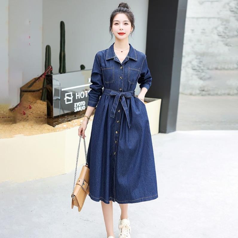 韩系牛仔连衣裙女2026春秋新款收腰显瘦洋气复古过膝长袖高腰裙子