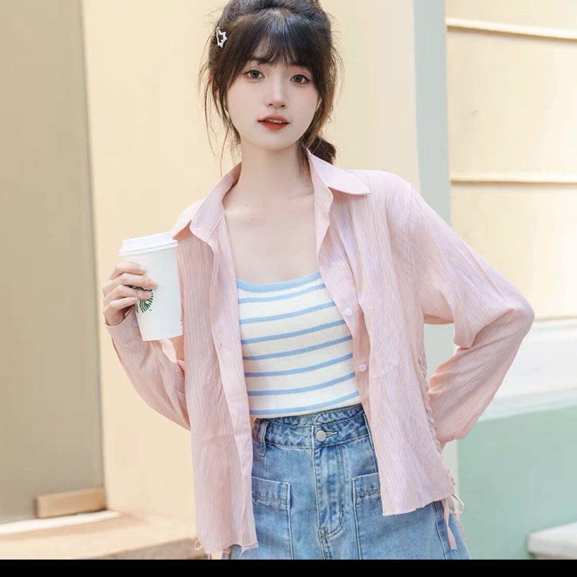 防晒衣2025夏季新款学生条纹长袖外穿衬衫女抽绳薄款空调衫上衣潮