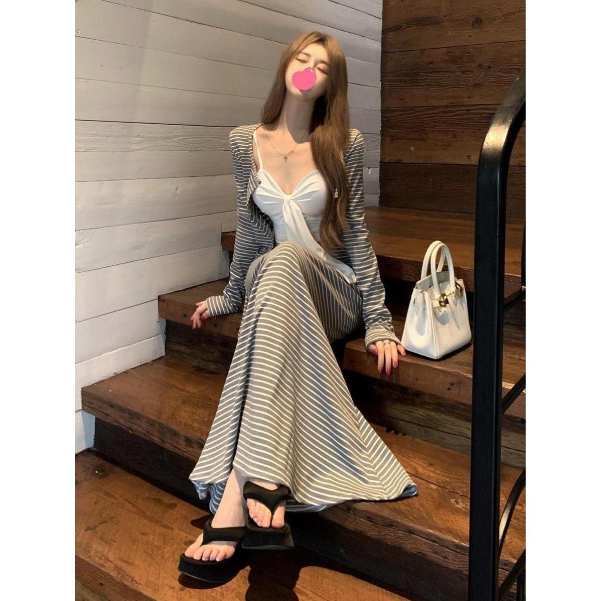 韩系慵懒风条纹显瘦辣妹三件套女装小众设计感吊带开衫半身裙套装