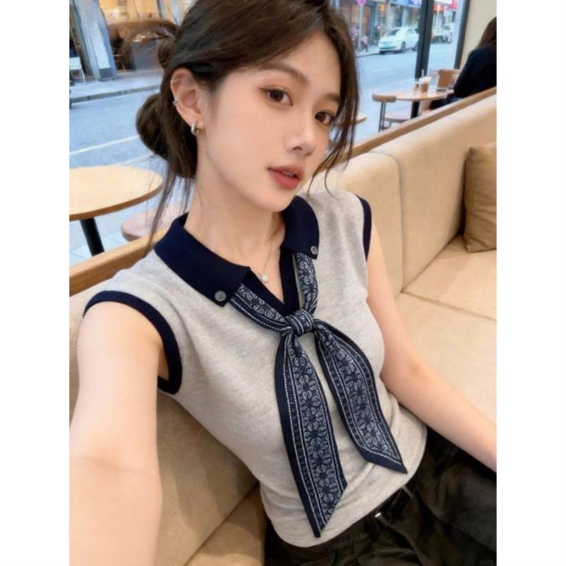 巨好看丝巾领带正肩针织T恤女简约夏季温柔韩系甜辣坎肩修身上衣