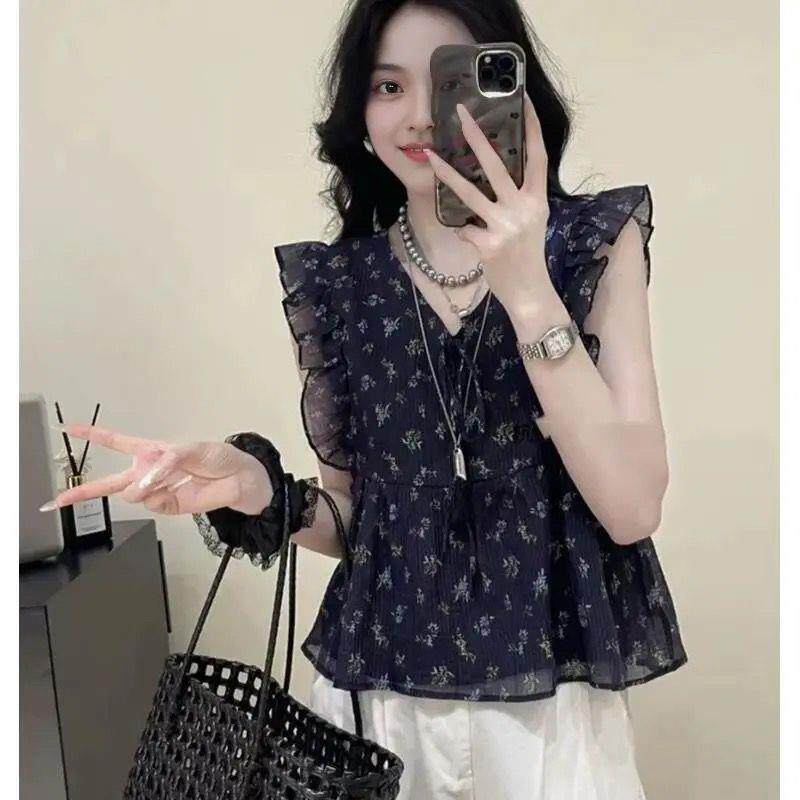 短袖碎花荷叶花边衬衫女2025夏季新款显瘦气质爆款小衫衬衣上衣潮