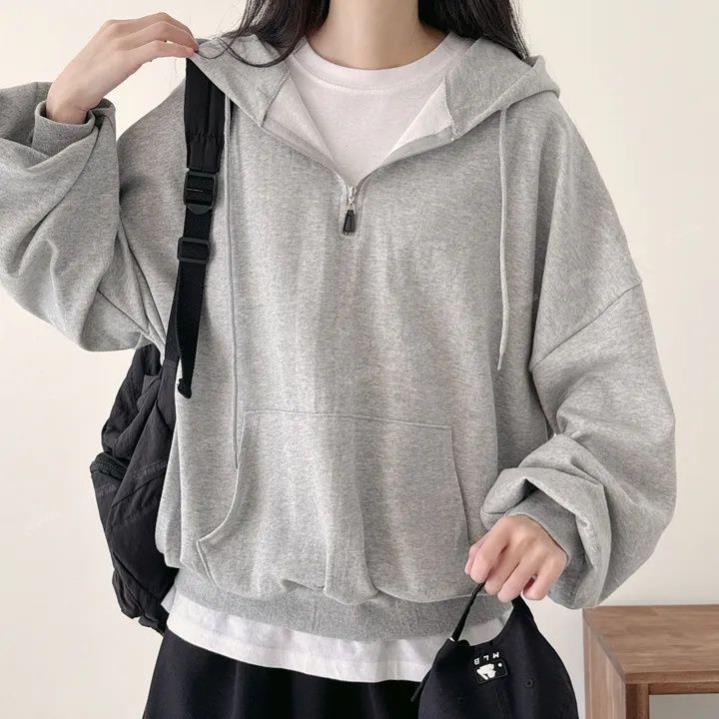 韩版加绒套头卫衣女外套2025新款秋抽绳连帽街头半拉链宽松上衣服