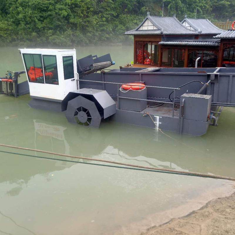 柴油机动力水上水浮莲清理机器 河道水花生水白菜收割船厂家