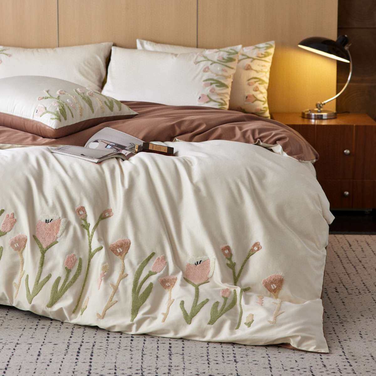 100S澳棉长绒棉郁金香毛巾绣四件套纯棉被套床上全棉双人被套床单