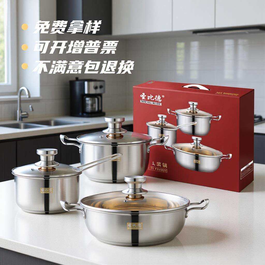 圣比德锅具三件套韩式不锈钢家用套装锅无涂层锅
