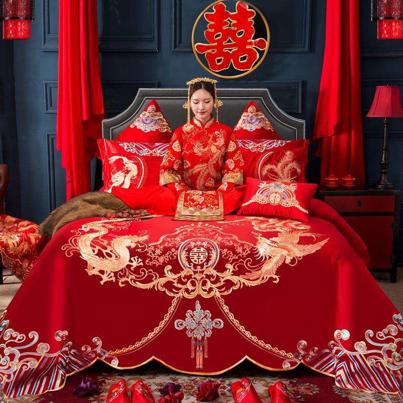 婚庆四件套大红色全棉刺绣结婚床上用品新婚喜被套件纯棉绣花床品