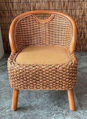 IL藤编矮凳手编靠背坐凳板凳艺术休闲旋转小椅子编织座椅家用实木