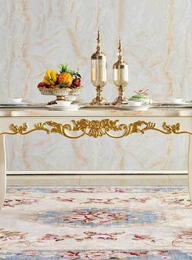 欧式大理餐全实石长方形家用饭桌客木EUE厅白色桌描金豪华餐桌椅