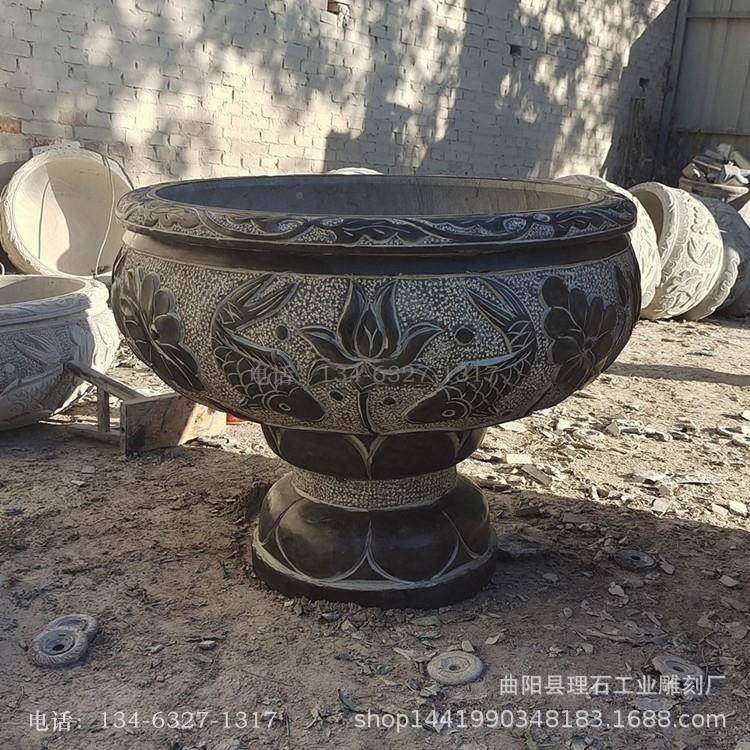 100石雕盆青石仿古雕花盆鱼缸石头花盆大石理做旧花盆庭石花院摆
