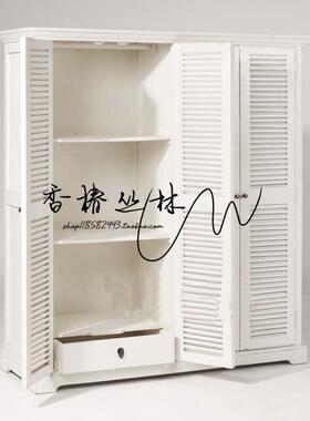 出口美式式乡村实木家具法49826古仿橱柜白色百叶门室卧四门衣柜