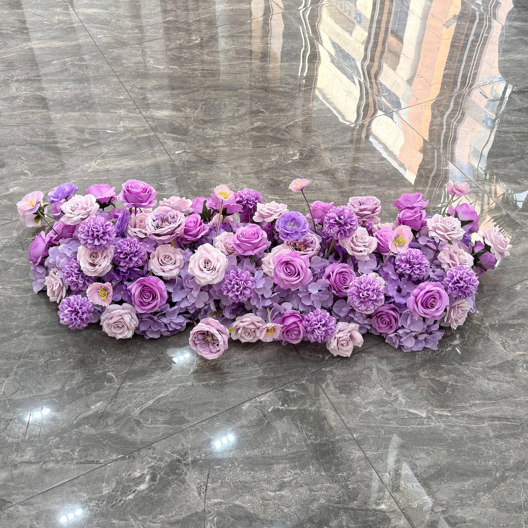 跨仿真排商场紫色橱窗展厅装饰长排花西式境婚SXO礼花长桌花长条