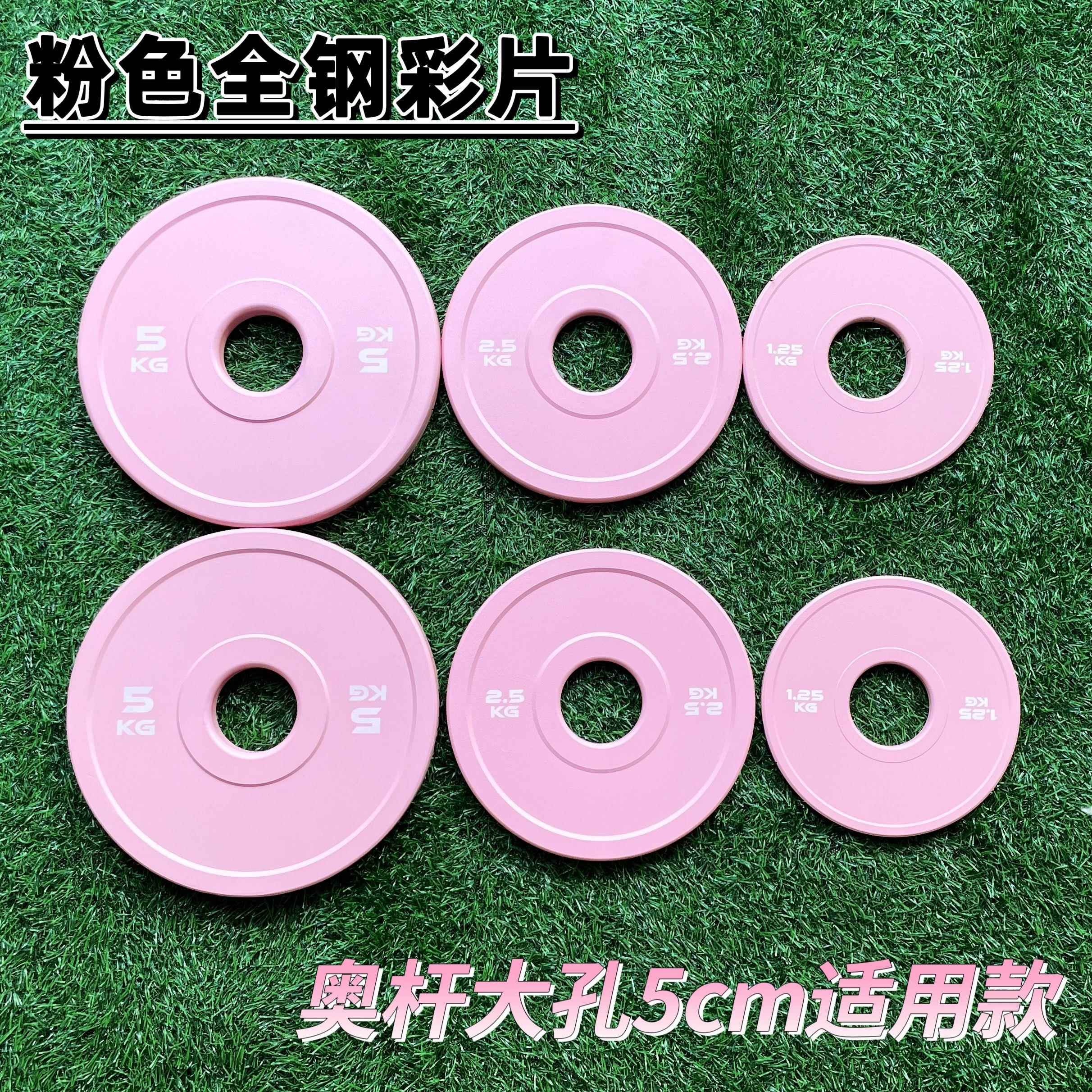 健身奥杆大孔径举重小配重片彩色杠铃片1.25公斤5KG粉色薄款钢片
