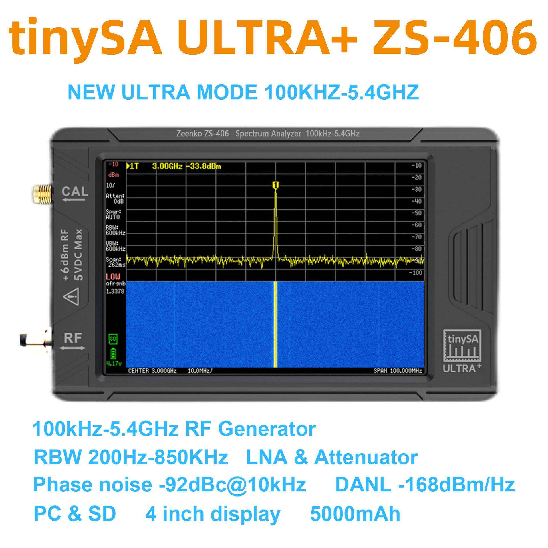 tinySAULTRA手持频谱分析仪4寸触摸屏高频率输出信号100k-5.4GHz