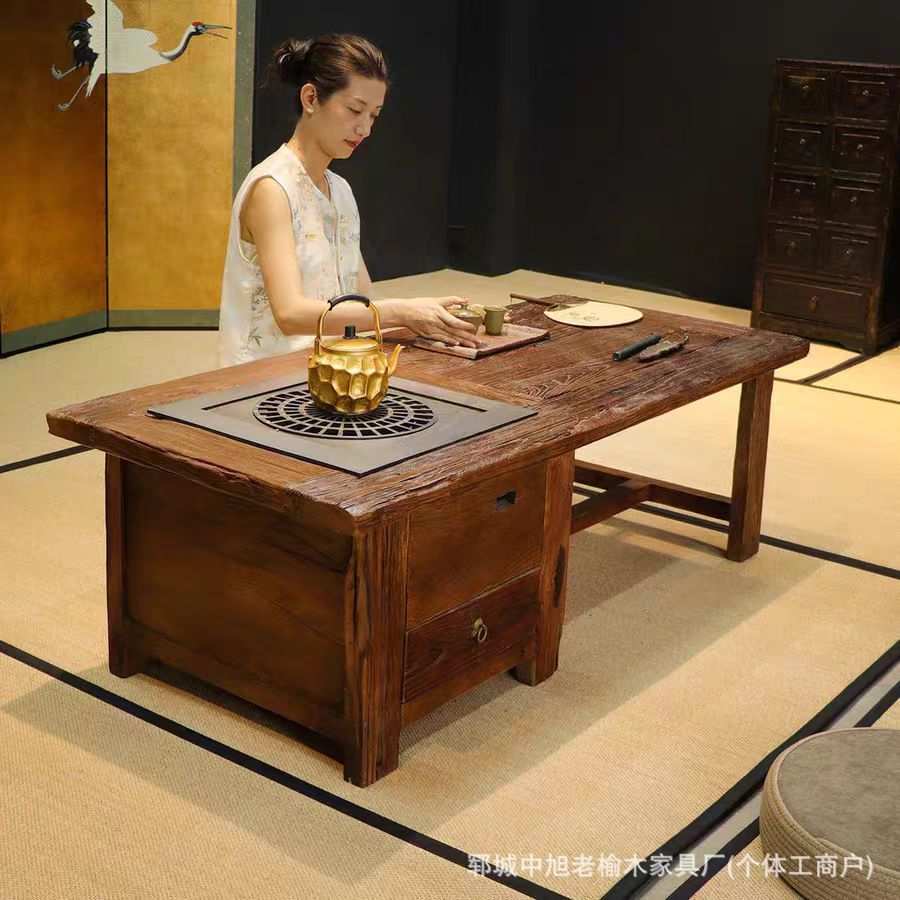实木餐桌榆木老榆木餐桌椅小吃店餐厅家用饭店长方形酒店烧烤桌子