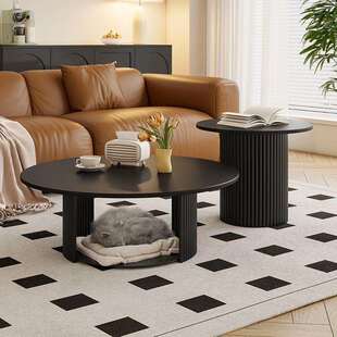 法式复古奶油风客厅宠物沙发茶几中古风小户型黑色圆形小茶几矮桌