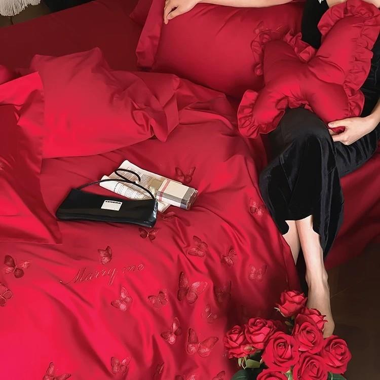 婚庆120S贡缎长绒棉四件套喜刺绣红色被套床上用品新中式结婚简约
