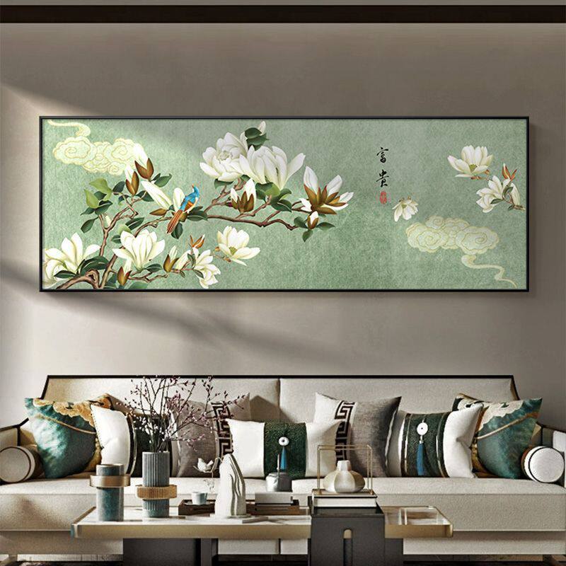 玉兰花墙画客厅挂画新中式沙发背景墙装饰画富贵花鸟画壁画寓意好