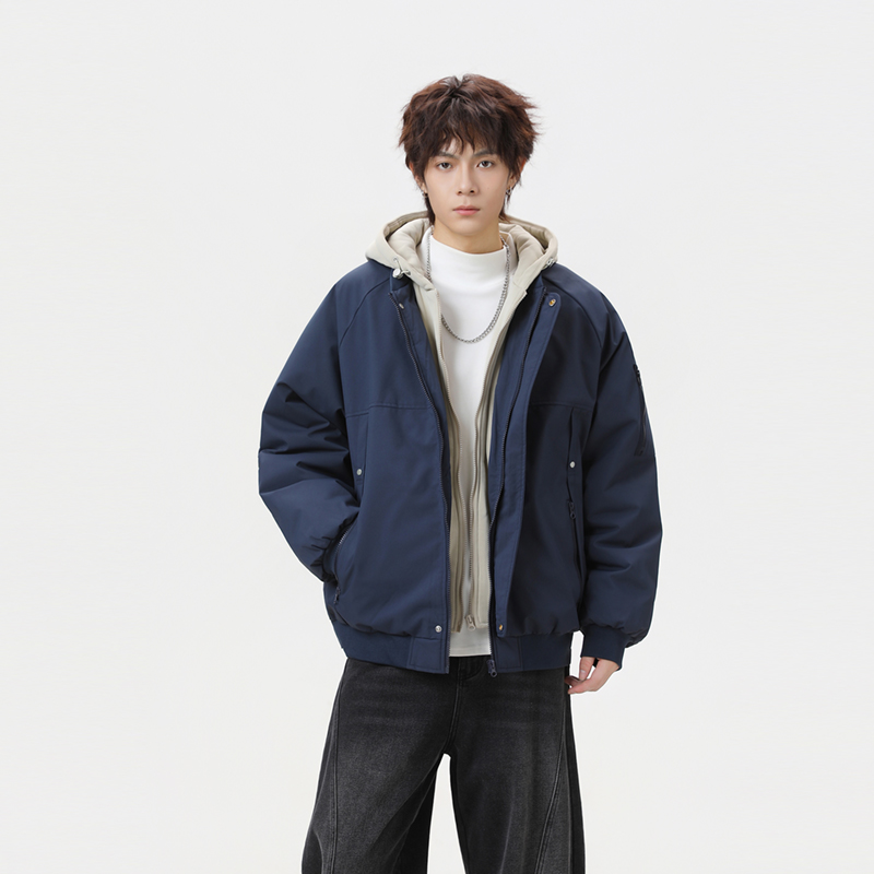 美式连帽假两件棉服男款冬季