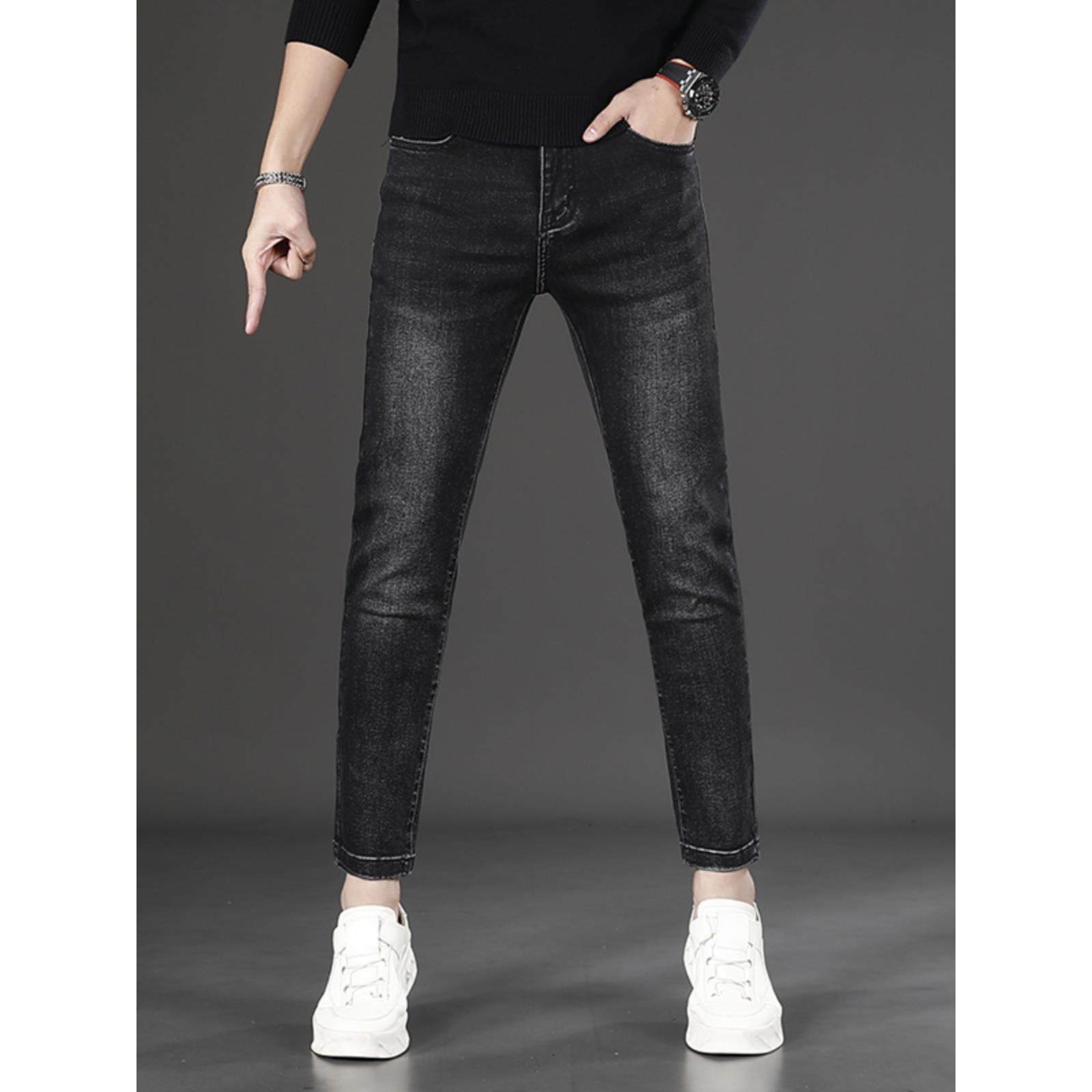 高端潮牌弹力九分牛仔裤男修身小脚2025新款秋冬季小个子黑色裤子