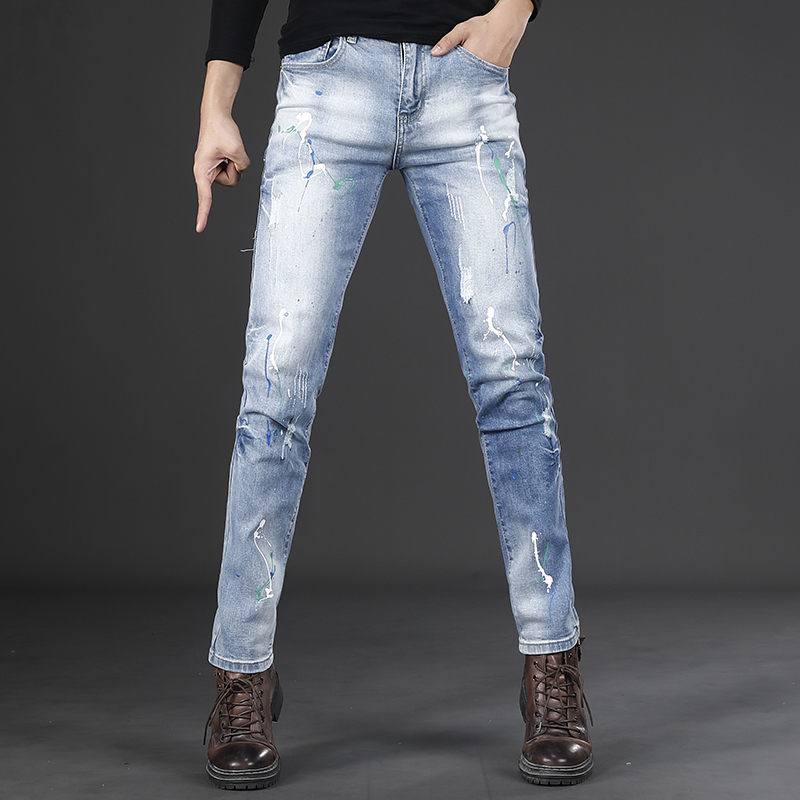 浅蓝泼墨印花牛仔裤男秋季