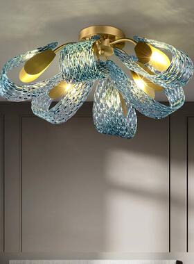 花朵全铜轻奢高级法式主卧室吸顶灯设计师孔雀蓝色玻璃客厅房间灯
