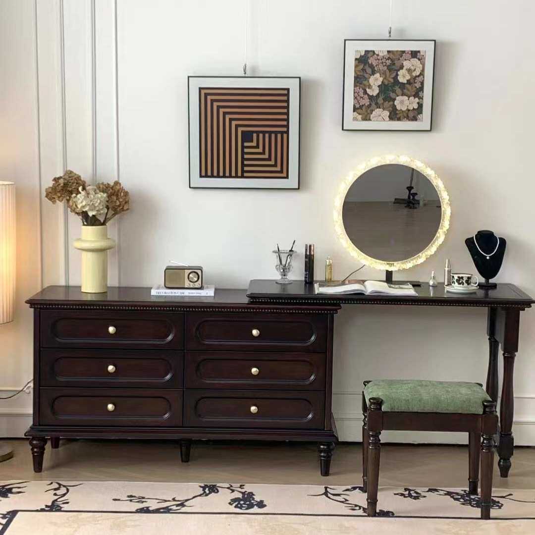法式复古实木梳妆台六斗柜一体化妆桌收纳柜中古风伸缩储物收纳柜