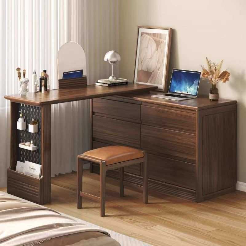 新中式黑胡桃木梳妆台实木简约卧室小户型化妆桌斗柜书桌一体轻奢