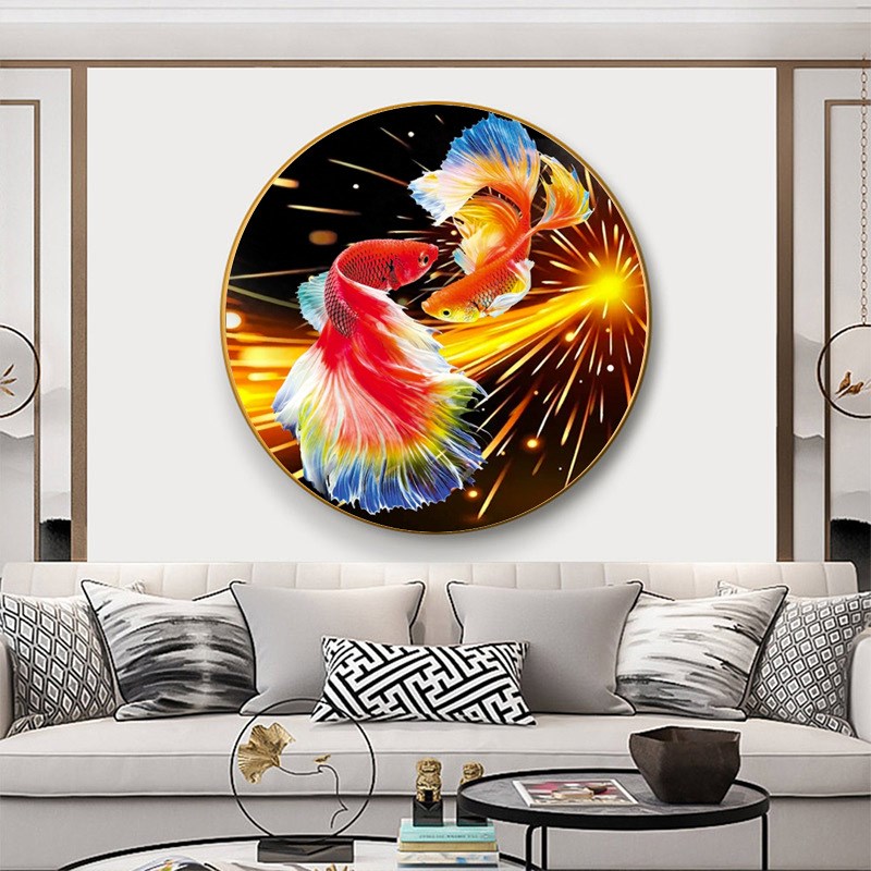 5D钻石画满钻新款客厅玄关招财双锦鲤点贴钻十字绣餐厅圆形钻石绣