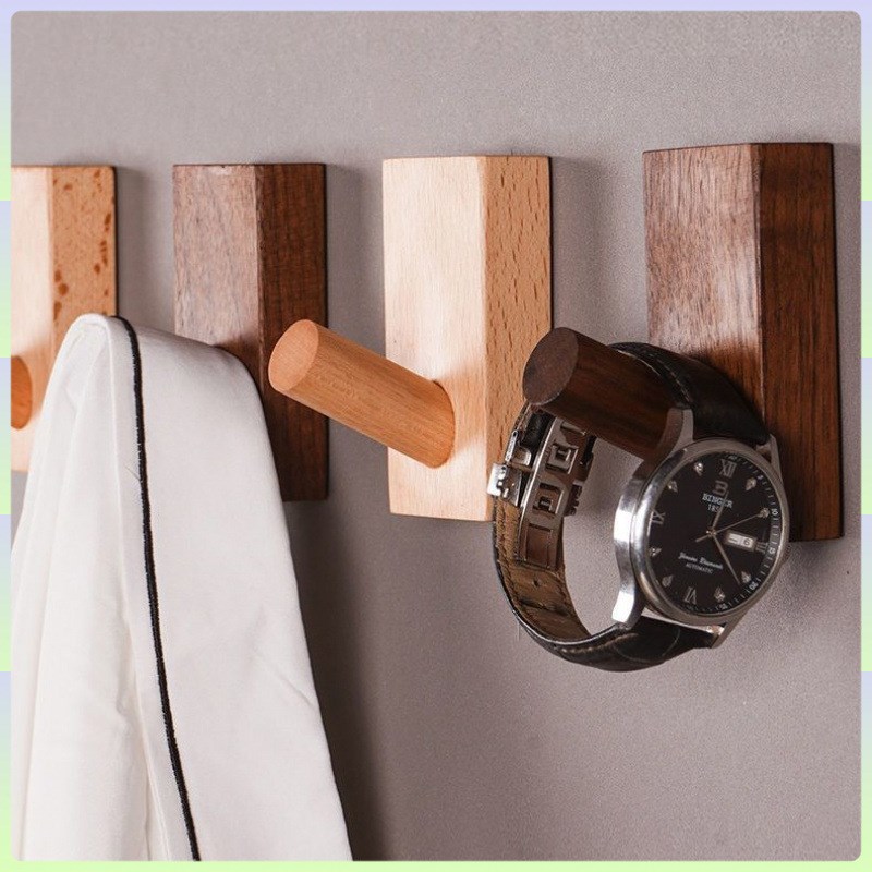 实木多功能挂钩免打孔门后厨房木质强力粘钩墙上玄关挂衣帽钩卧室