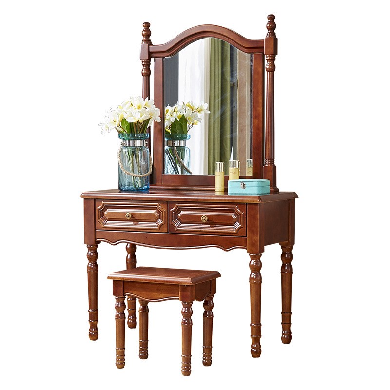实木梳妆台卧室带镜子美式乡村化妆台凳子组合98公分尺寸欧式白漆