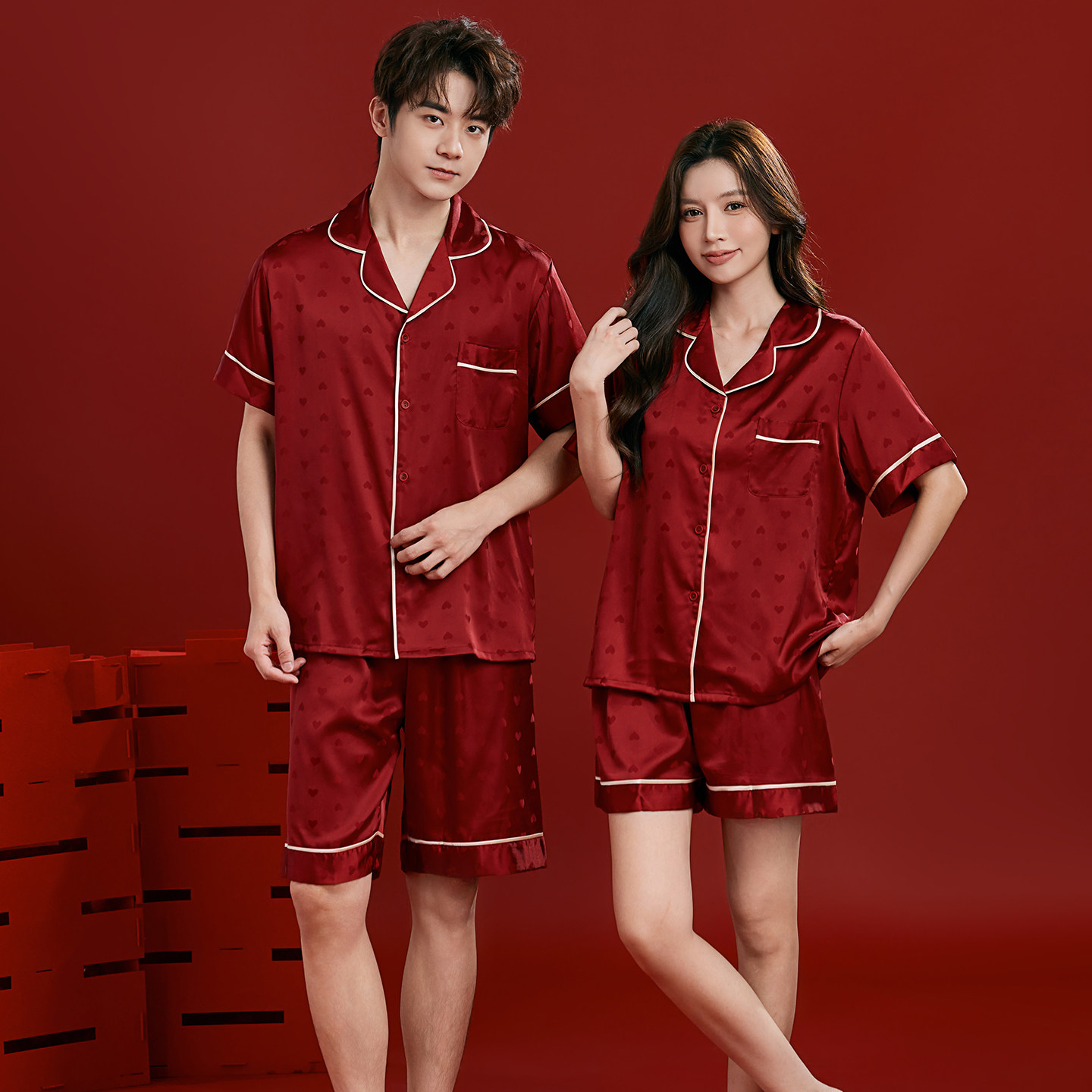 猫人红色睡衣套装新婚情侣2026夏季冰丝短袖短裤结婚家居服两件套