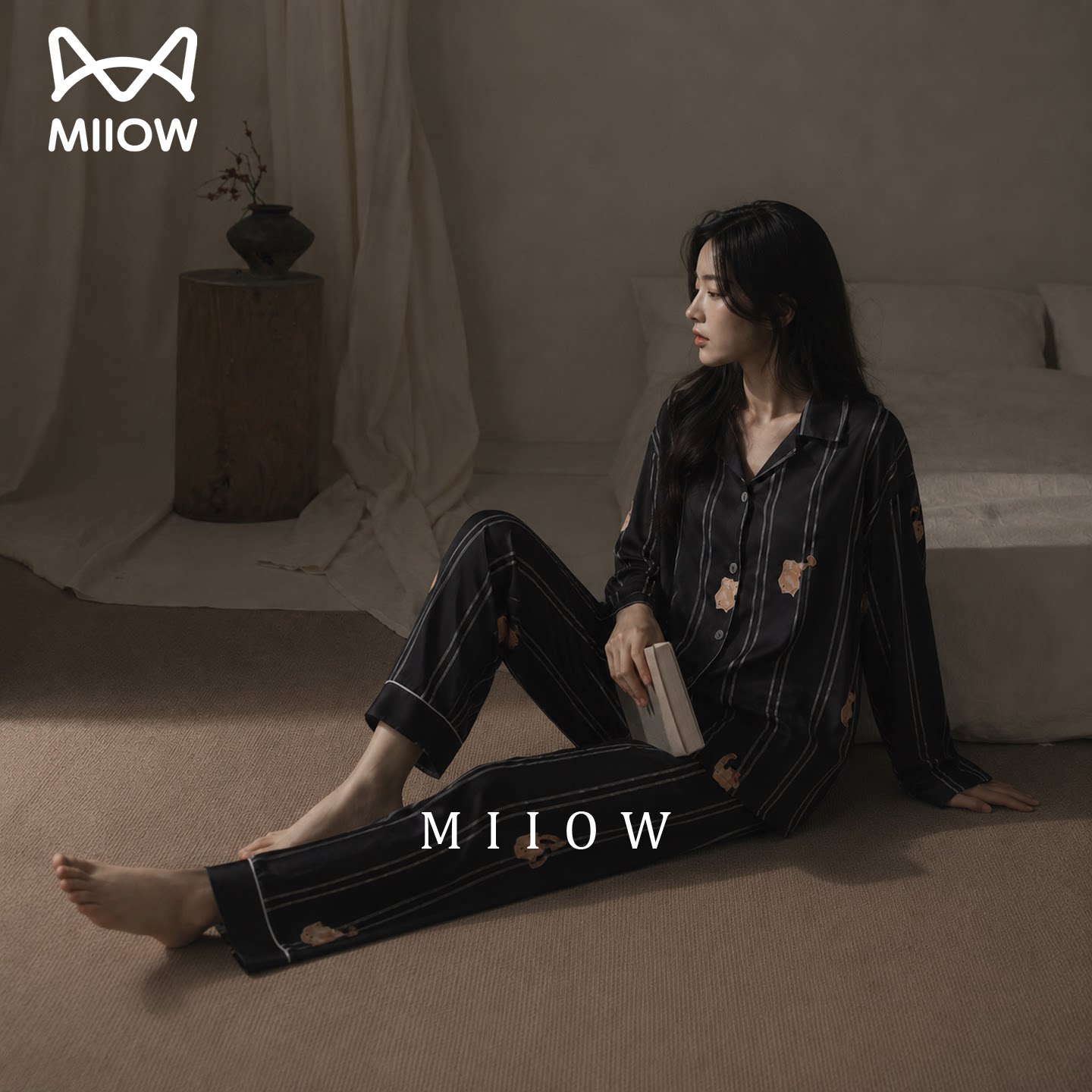 猫人长袖睡衣女生套装冰丝家居服