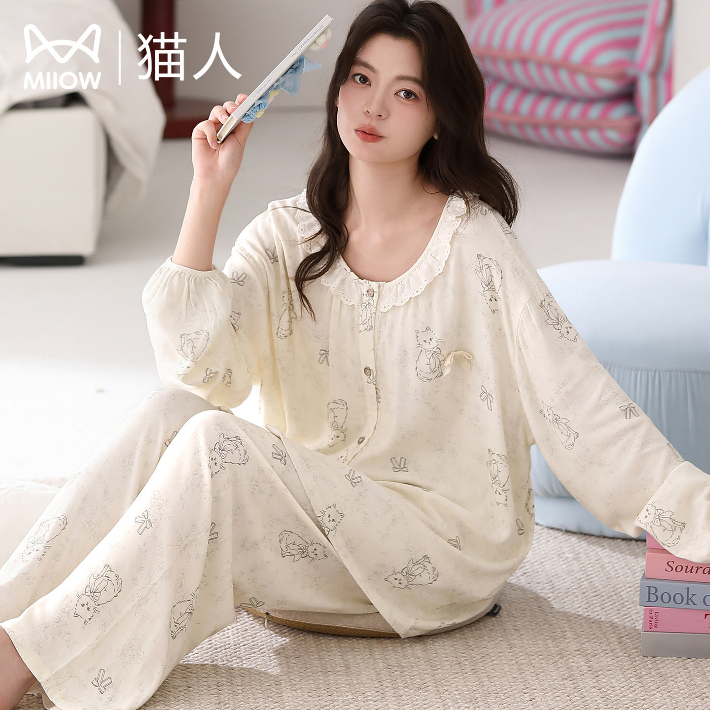 猫人可爱睡衣女士长袖秋冬家居服